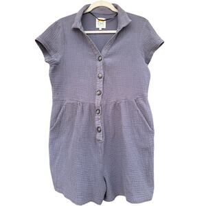 C & C California Blue Gauzy Cotton Short Sleeve Button Up Romper Collar Size L
